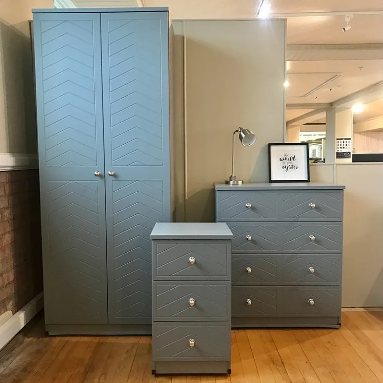 This images shows a grey, contemporary matching bedroom furniture. Shop Bedroom Furniture Collection at Pendle Village, Near Burnley, Lancashire