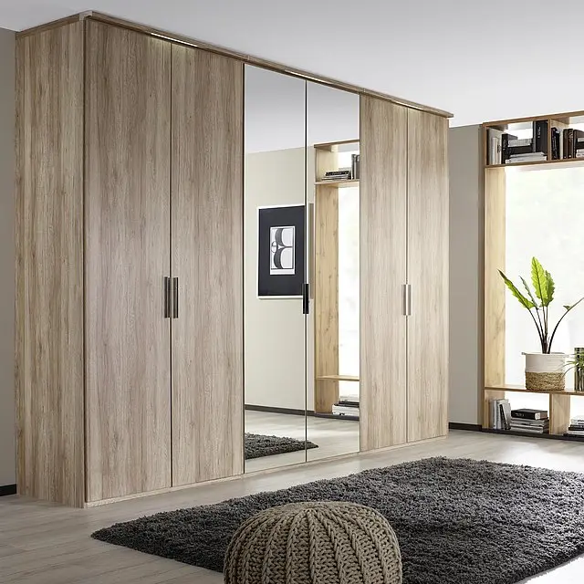 6 Door Large Oak Wood Wardrobe with 2 Mirror Door in Centre - Styled in a Bedroom