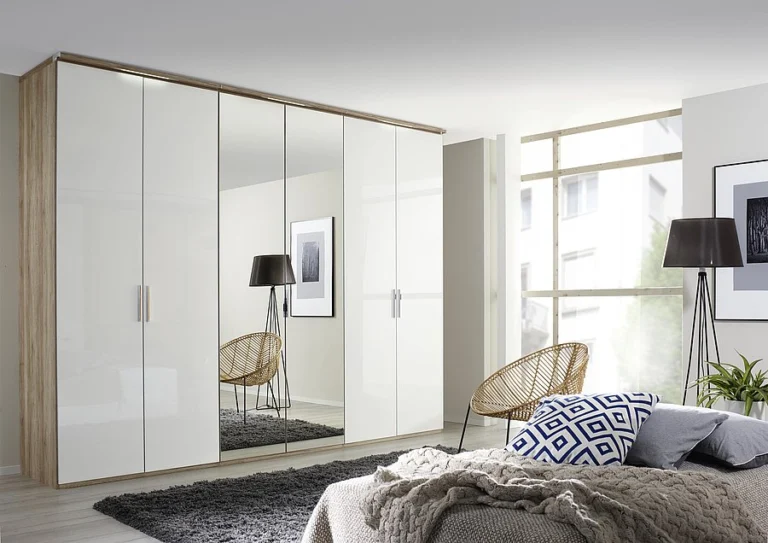 - Pendle Village - 2026 Large 6 Door White Wardrobe with Mirror - Styled in a Bedroom