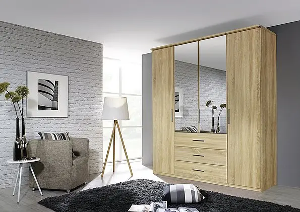 - Pendle Village - 2026 4 Door Oak Hinged Wardrobe with Mirror - Styled in a Bedroom