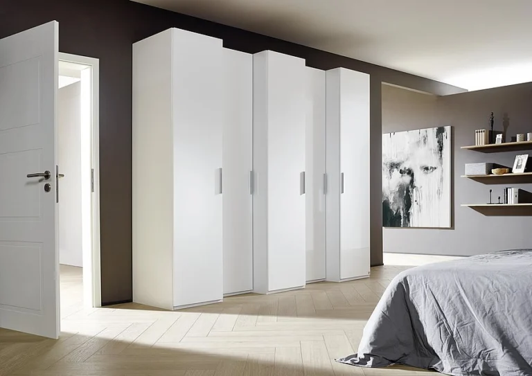 - Pendle Village - 2026 5 Door White Wardrobe with Handles in Slate - Styled in a Bedroom