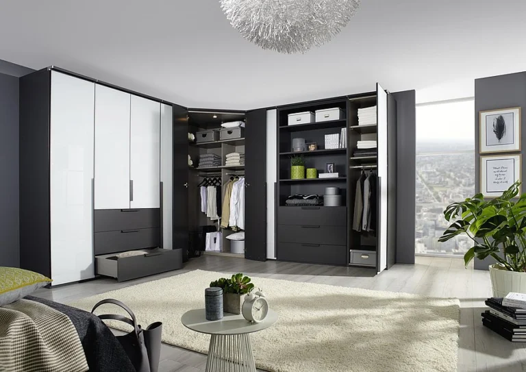 - Pendle Village - 2026 Corner Large Wardrobe in Graphite & White with Drawers - Styled in a Bedroom
