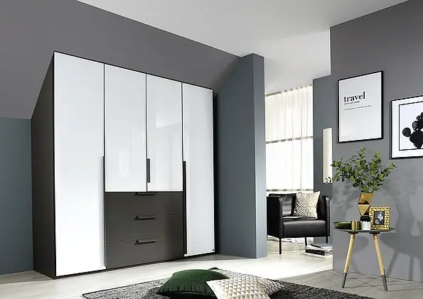 4 Door White Hinged Wardrobe with Drawers in Garphite Colour - Styled in a Bedroom